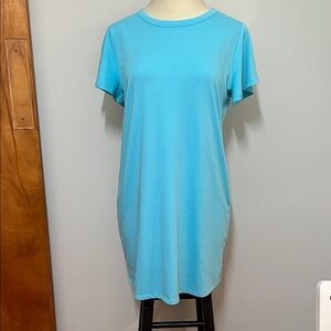 Candace Cameron Bure Light Blue Midi Flutter-Sleeve T-Shirt Dress Round Neckline